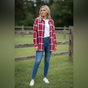 NWOT Old Navy Plus Size Red Plaid Boyfriend Button Down Long Sleeve Shirt - XXL